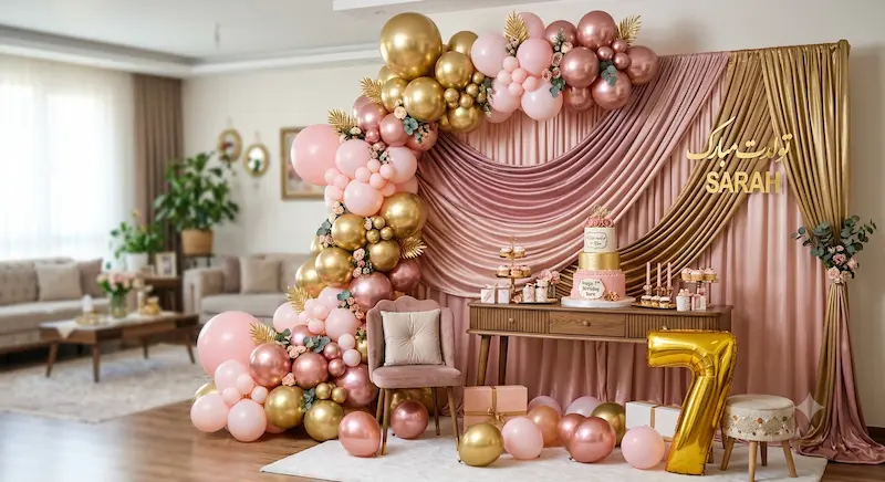 بک دراپ پارچه ساتن با بادکنک طلایی و صورتی برای اجرای تم تولد
